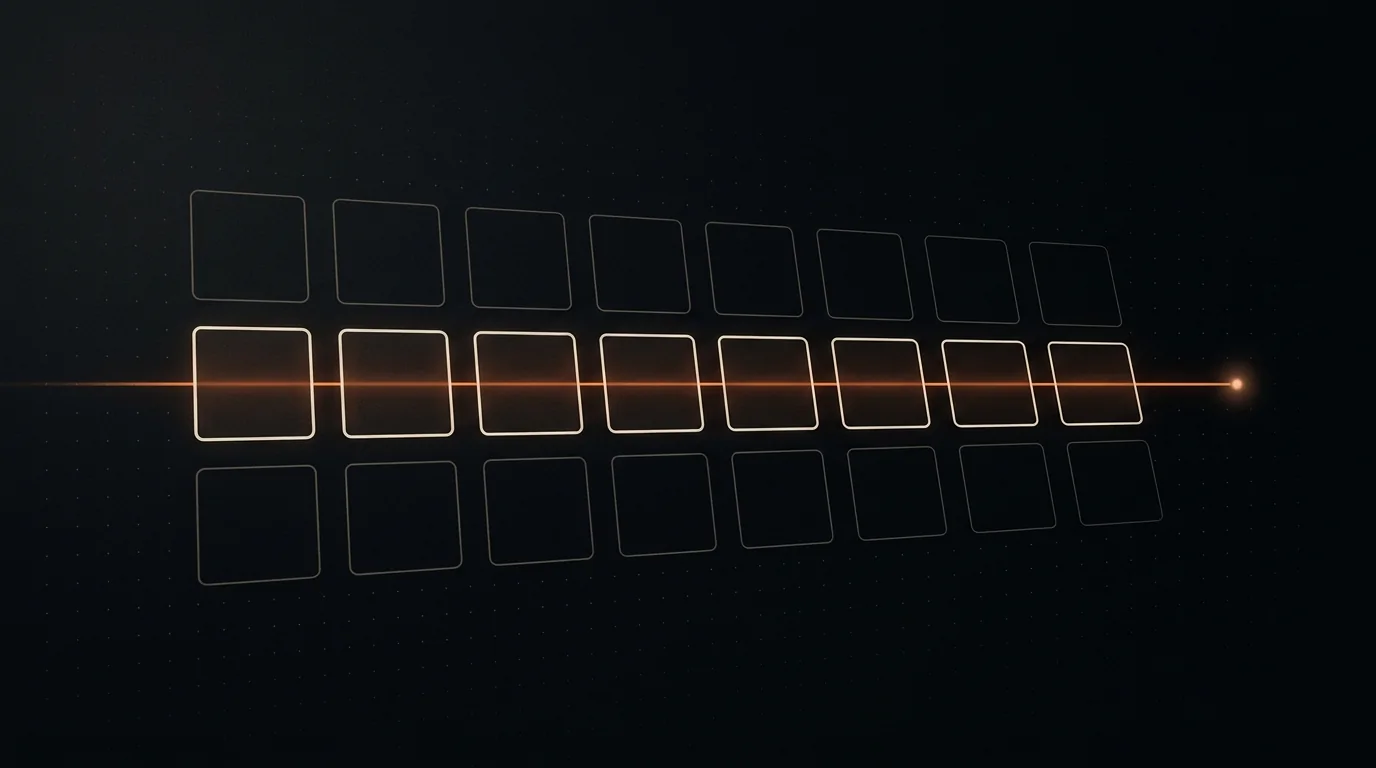 Three rows of square tiles on a dark background; a thin ember-orange line runs through the middle row, lighting each tile it passes, and ends in a small glowing point.