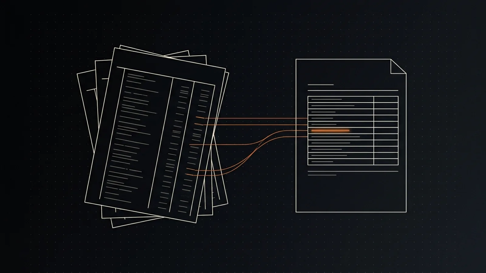 A stack of ledger pages resolving into a single clean report, with thin orange lines tracing each figure back to its source