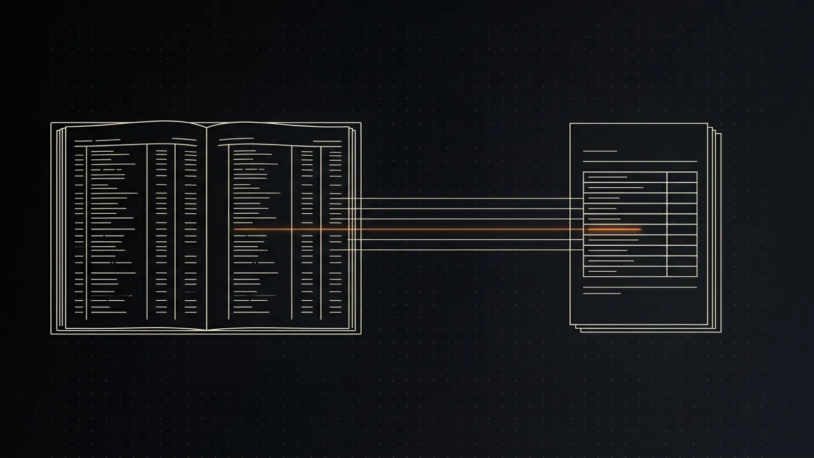 An open ledger book on the left, its rows continuing as thin parallel off-white lines across a dark gap to a small stack of pages with a table on the right; one of the lines is ember-orange and lights up a single row of the table